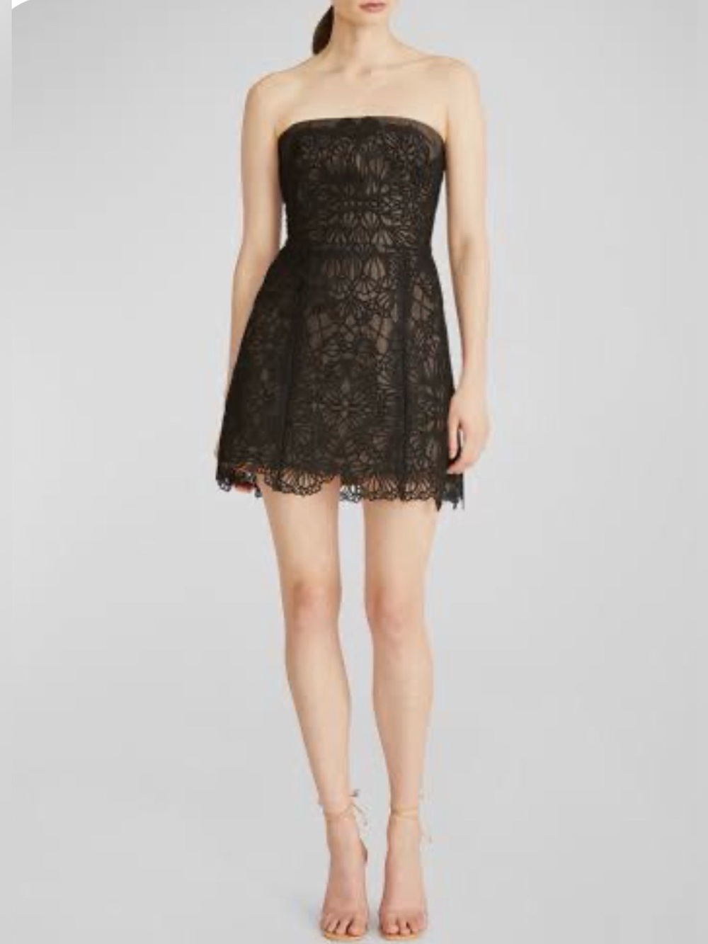 ML Monique Lhuillier Sloane Strapless Black Lace A-Line Cocktail Mini Dress 6